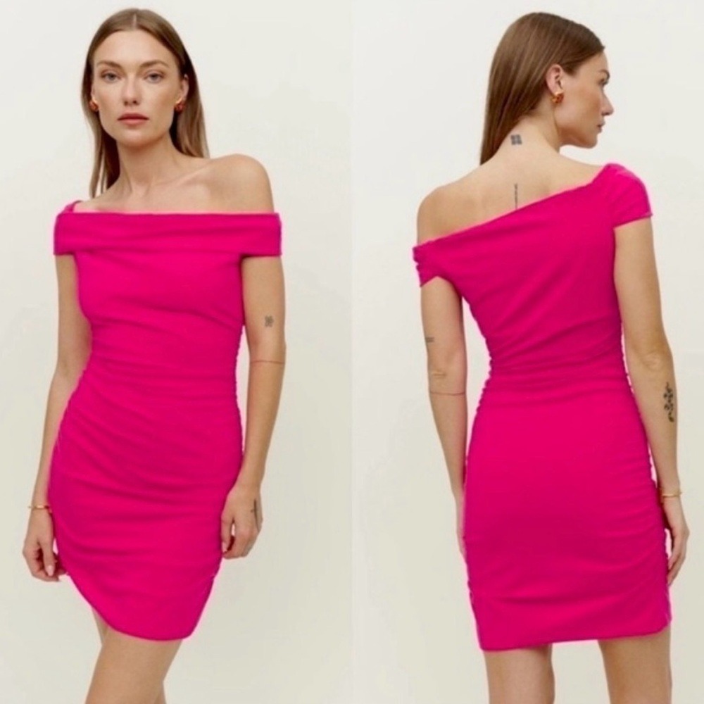 Reformation Raydon Large‎ Mini Dress Off Shoulder Ruched Sides Hot Pink Bodycon